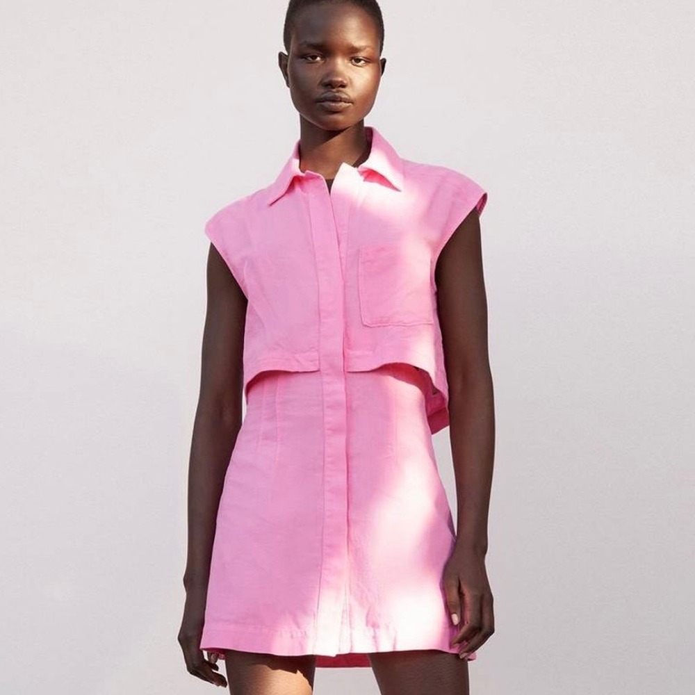 Zara Pink Linen Blend Button Front Cutout Mini Dress Sleeveless Small